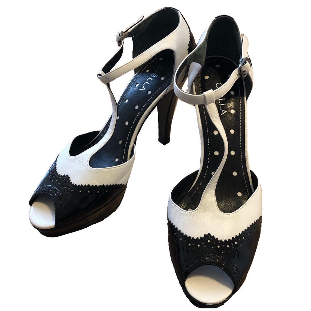 cièlla black and white t-strap heels